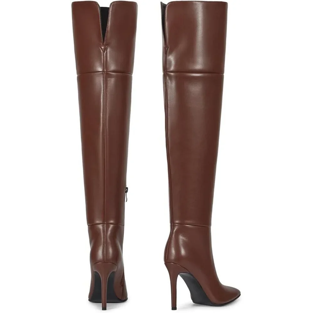 Women Brown Faux Leather Ponited Toe Zipper up Thigh High Stiletto Heel Boot